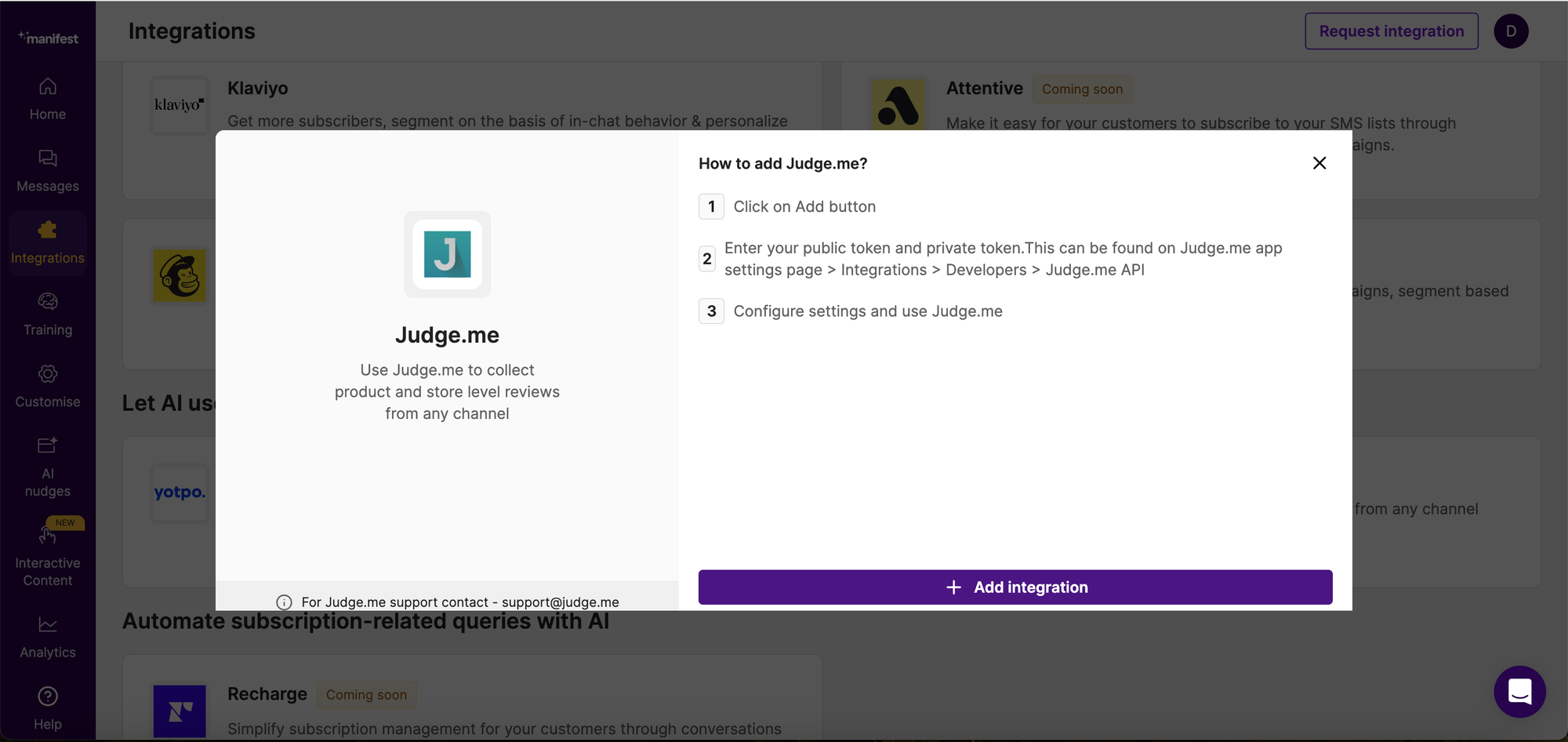 Manifest AI and Judge Me Integration