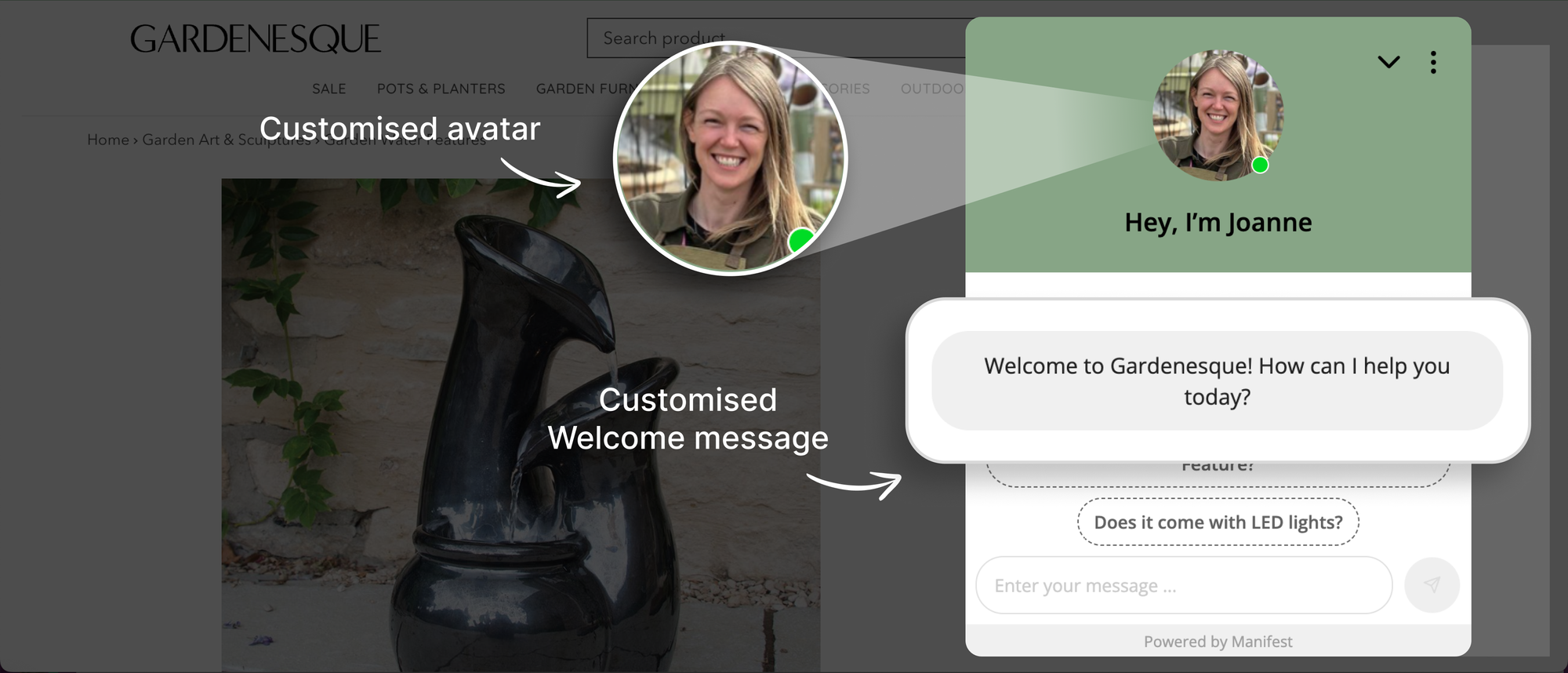 gardenesque customization welcome message by manifest ai