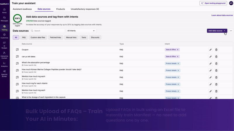 Train your ai chatbot with bulk FAQs- Manifest AI